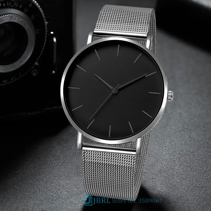 silver black Черные наручные часы Мужские часы Бизнес Простой циферблат наручные часы из нержавеющей стали Мужские кварцевые часы для мужчин часы Hodinky Man - Цвет: silver black
