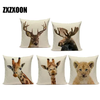 

Animals Deer Giraffe Monkey Lion Fox Decorative Throw Pillows Case Cotton Linen Sofa Car Cushion Cover for Sofa Home Living Room