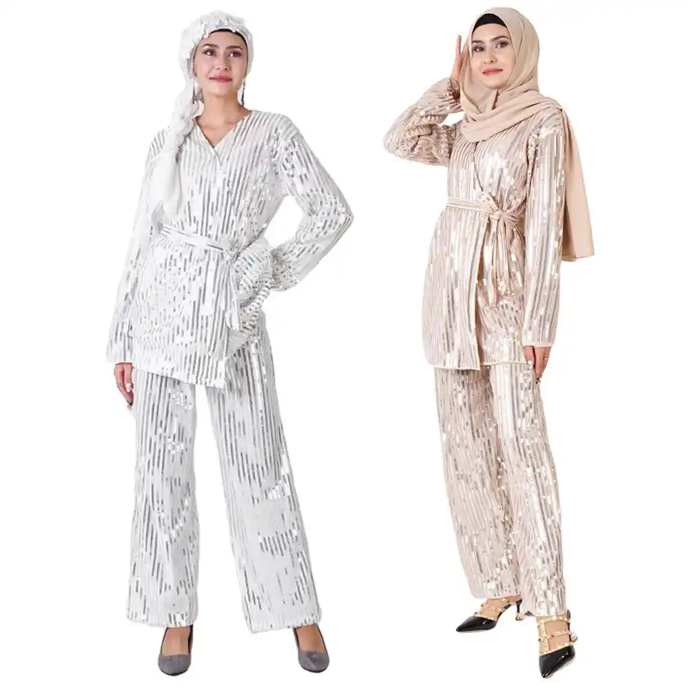 Womens Fashion Arab Muslim Tops /& Pant Two Piece Sets Wiht Belt