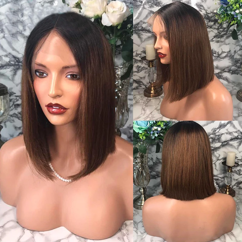Eversilky Short Human Bob Wig 1B/30 Brazilian Remy Hair Ombre Brown 13x4 Lace Front Human Hair Wig Bleached Knots Pre Plucked