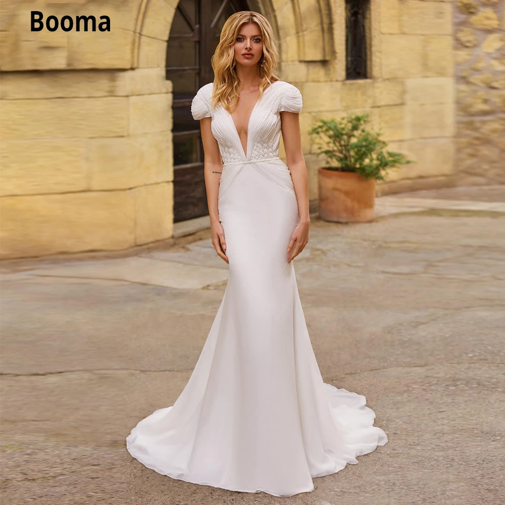 Booma Chiffon Mermaid Wedding Dresses with Cap Sleeve Beach Boho Bridal Gowns Sweep Train V-neck Backless Princess Party Dress