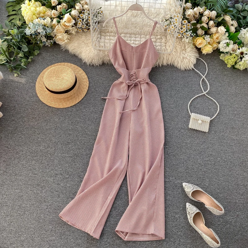 Vintage 2020 Sexy Plaid Print V Neck Jumpsuit Spaghetti Strap Summer Full Length Women Slim Waist Tie Playsuit Lace Up Romper Vintage 2020 Sexy Plaid Print V Neck Jumpsuit Spaghetti Strap Summer Full Length Women Slim Waist Tie Playsuit Lace Up Romper