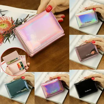 

2020 Newest Hot Women Short Small Coin Purse Wallet Ladies Leather Folding Card Card Holder Laser Colorful Coin Purses