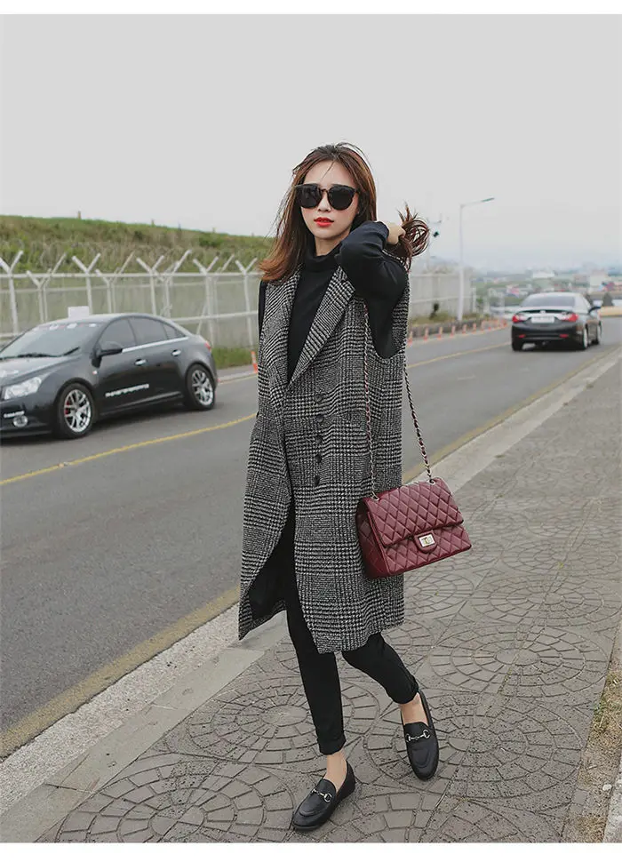 Модный жилет женский осенний и зимний длинный клетчатый корейский темперамент без рукавов шерстяной Блейзер Куртка жилет верхняя одежда f2144
