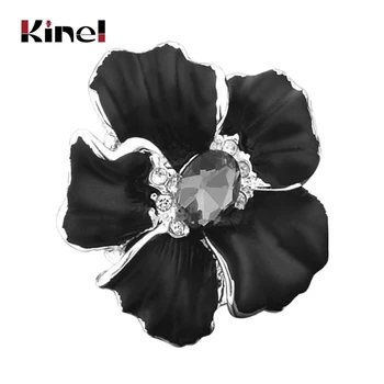 

Kinel Fashion Black Enamel Big Ring Vintage Jewelry Antique Tibetan Silver Boho Beach Party Crystal Flower Ring For Women