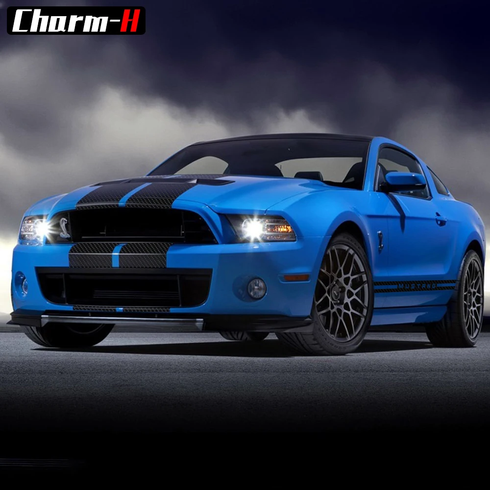 Car Side Skirt Front to Rear Bonnet Stripes Decor Decals 5D Carbon Fiber Vinyl Stickers for Ford Mustang 2009-2013