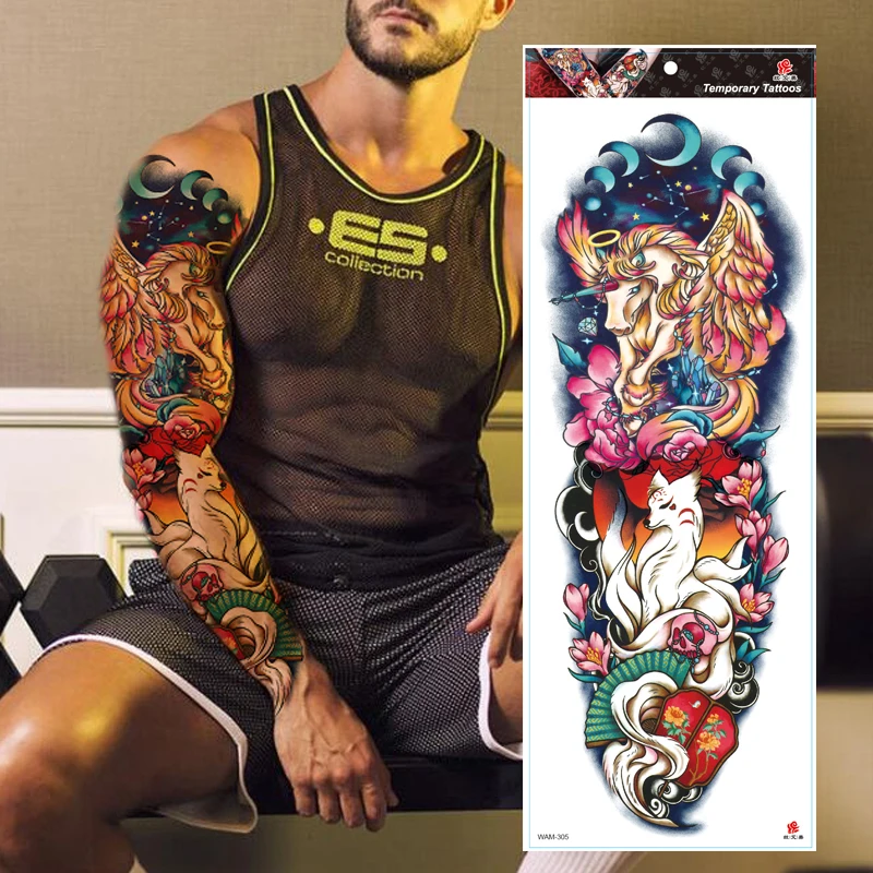 FULL SLEEVE ARM TEMPORARY TATTOO REALISTIC FOX,UNICRON, MENS, WOMENS