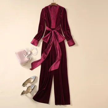 

New 2020 spring sexy velvet jumpsuit color block V-neck bow waist long sleeve burgundry jumpsuits overalls