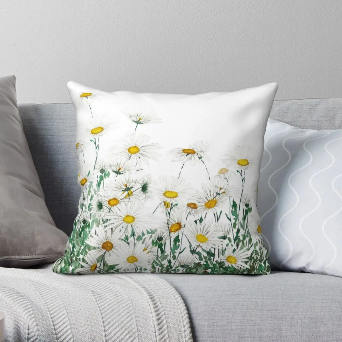 

White Margaret Daisy Horizontal Watercolor Pillowcase Polyester Linen Velvet Zip Decor Sofa Cushion Cover
