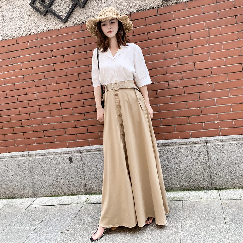

Ankle Length Skirts with Belt Womans High Waist Pockets Button Skirt Autumn Winter 2019 Long Maxi Skirt Vintage Ladies Fashion