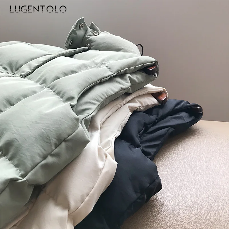 Lugentolo, женский жилет, зимнее теплое пальто, свободное, корейское, простое, без рукавов, однотонное, повседневное, маленький, стоячий воротник, модные куртки, жилеты