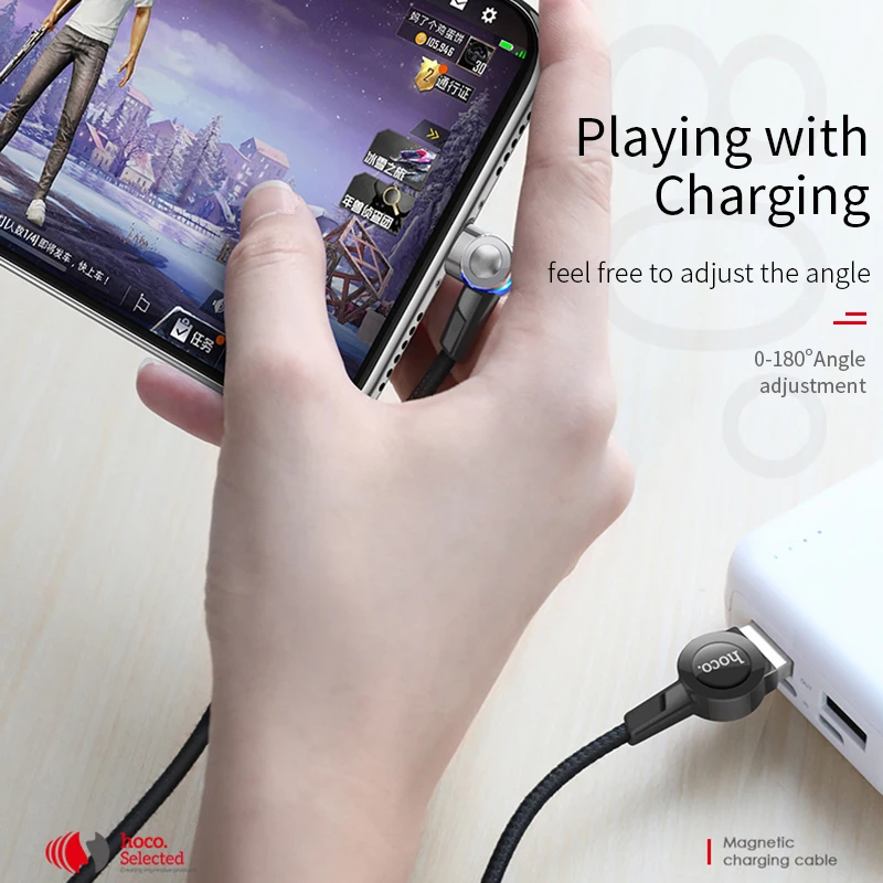 HOCO Магнитный кабель с поворотом на 180 градусов, 3 А, кабель для быстрой зарядки Micro usb type-C, светодиодный кабель для iPhone 11Pro, samsung, Xiaomi, huawei