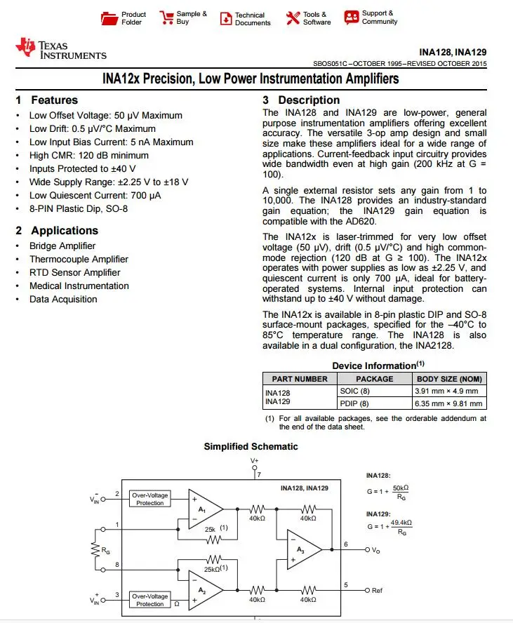 INA128 Low-power precision instrumentation common weak signal amplifier 