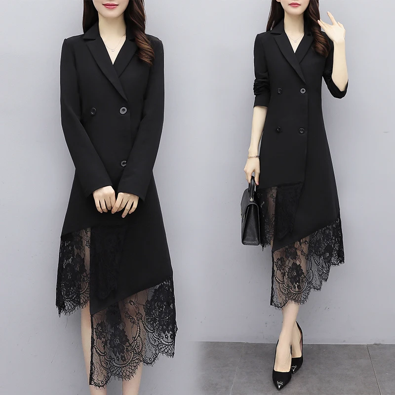 

XL-5XL Plus Size Women Double Row Buttons Mesh Patchwork A-Line Dress Spring 2020 Fashion Notched Long Sleeve Dresses Vestidos