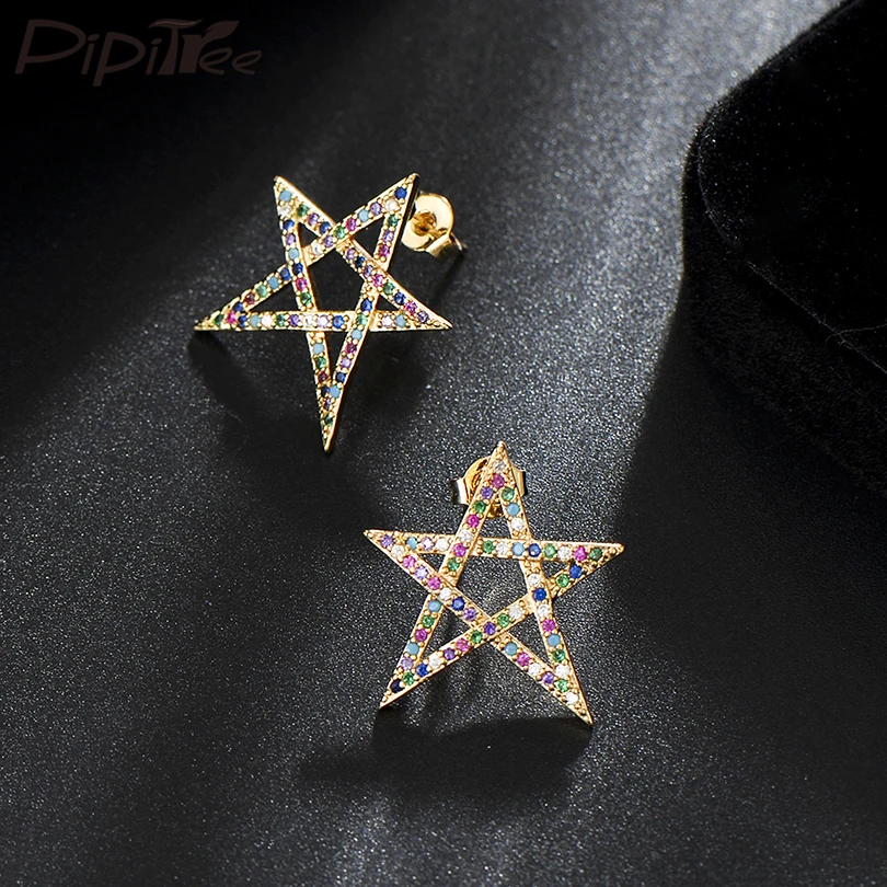 

Pipitree CZ Ear Jewelry Large Star Stud Earrings Multicolor Cubic Zirconia Trendy Women Earrings Bijoux Femme Christmas Gift