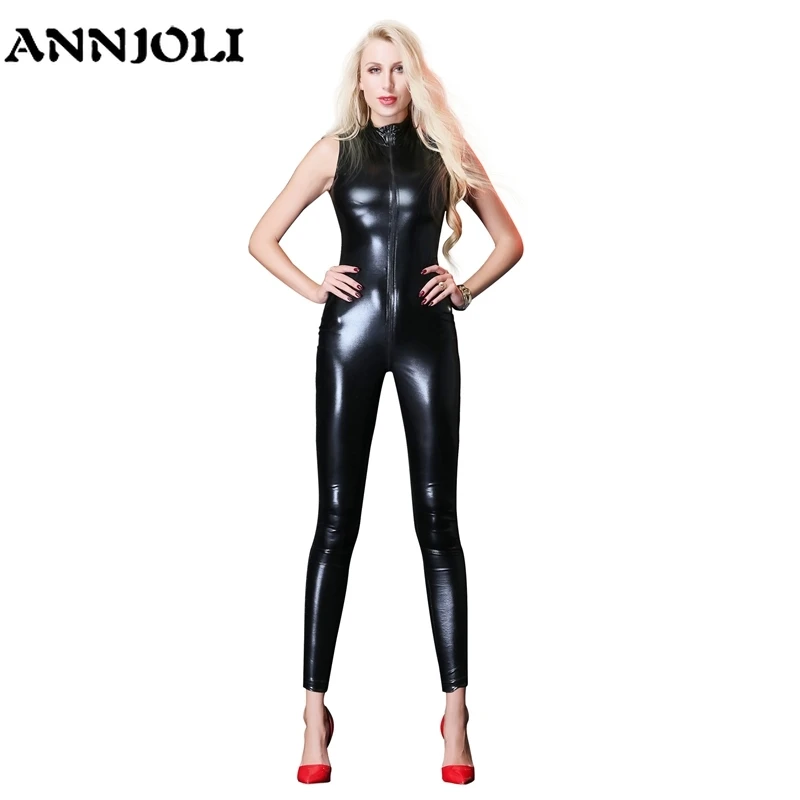 

ANNJOLI Hot Sexy Wetlook Faux Leather Catsuit PU Latex Lingerie Open Crotch Bodysuit Stretch Clubwear Erotic Reflective Costumes