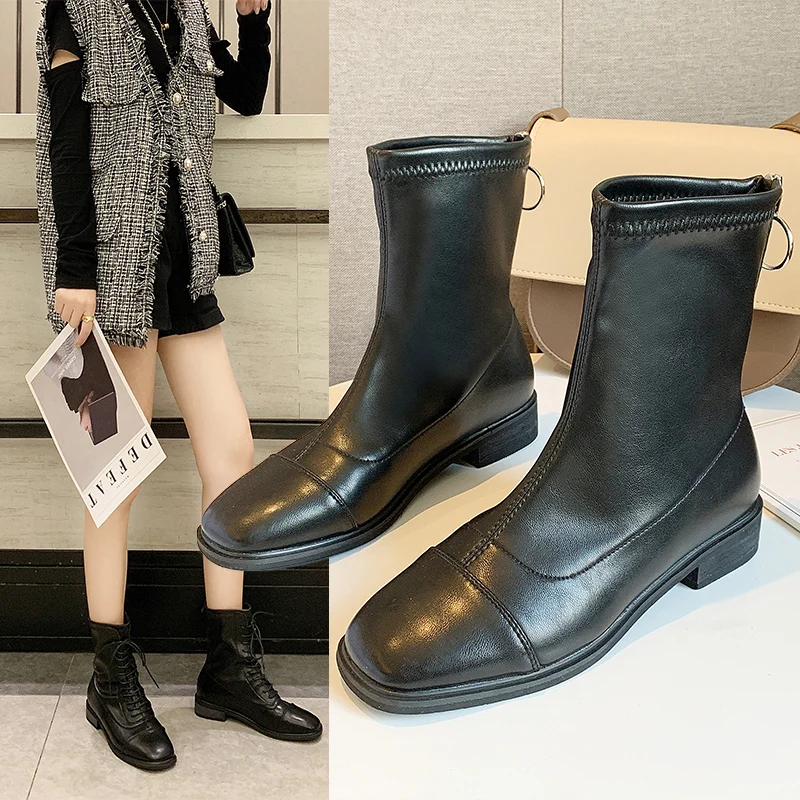 

Shoes Lace Up Women's Rubber Boots Luxury Designer Booties Ladies Round Toe Bootee Woman 2019 Low Heels booties Rain Fashion