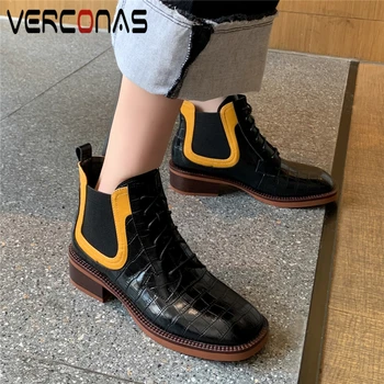 

VERCONAS Autumn Winter Fashion Ankle Boots For Women New Casual Low Heels Shoes Woman Mixed Colors Lace-Up Genuine Leather Boots