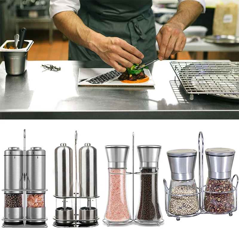 2 Pcs/Set Electric Salt and Pepper Grinder with Metal Stand Automatic Stainless Steel Manual Pepper Mill with LED Light Hot Sale