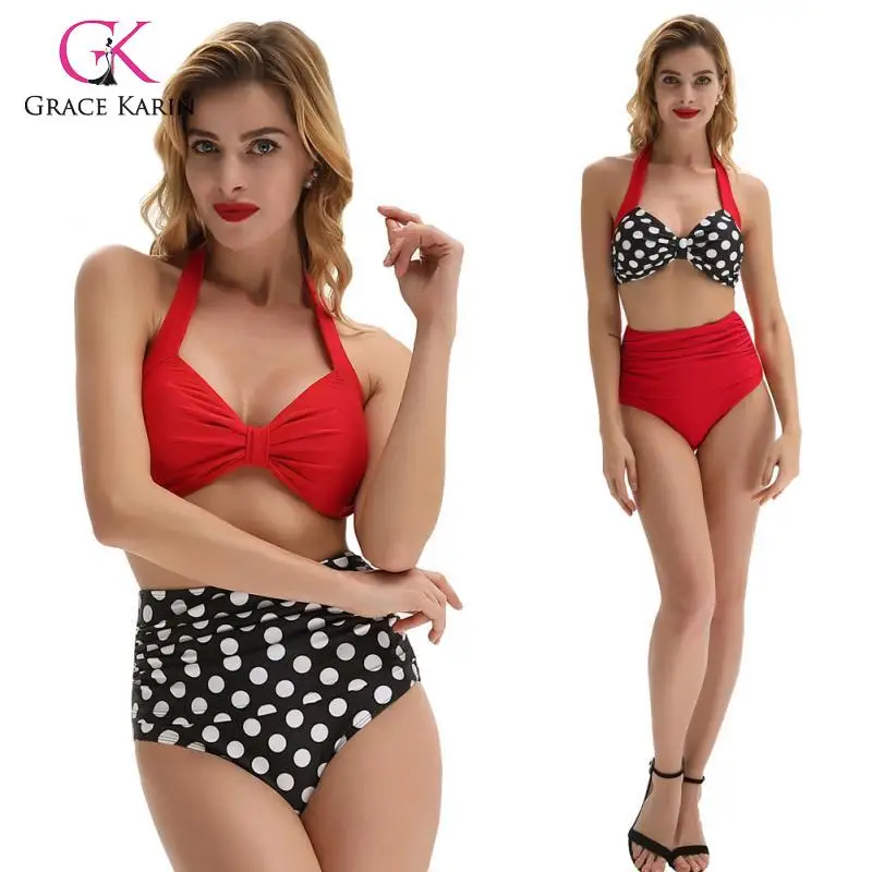 

Grace Karin Two Piece Swimsuit 2019 Summer Sexy High Waist Bikini Set Women Vintage Retro Polka Dot Halter Bathing Suit Swimwear