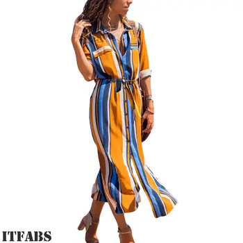 

Skirts 2019 New Brand Spring Women Stripe Long Sleeve V-Neck Button Slit Casual Loose Long Skirts