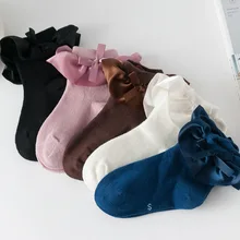 Носки для маленьких девочек, осенне-зимние Сатиновые кружевные носки с бантом, хлопковые кружевные носки принцессы