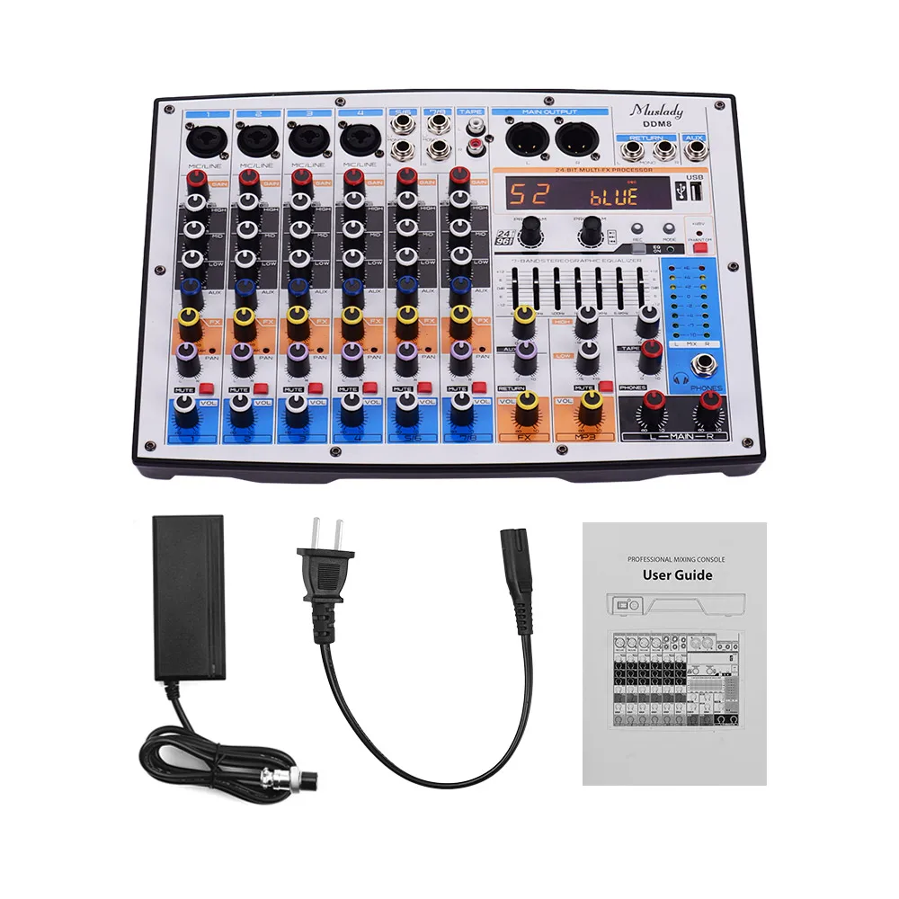Muslady DDM8 компактный 8 Каналы микшер с 99 dsp-эффекты 7-полосным эквалайзером встроенный 48V Phantom с источником питания BT