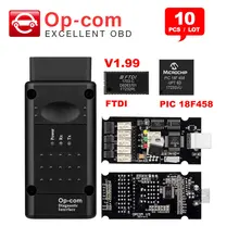 10 Uds Op com V1.7/V1.78/V1.99 con PIC18F458 FTDI chip código OBDII lector para Opel Opcom CAN autobús interfaz obd2 herramienta de diagnóstico
