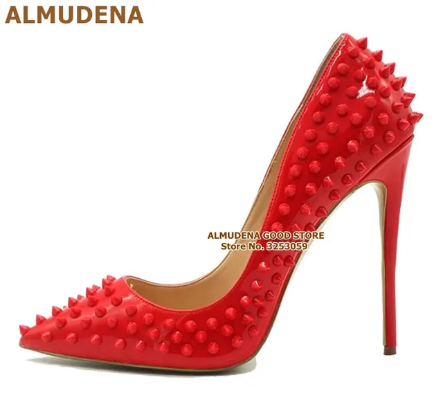 $US $44.84 ALMUDENA 8 10 12cm Stiletto Heels Rivets Pointed Toe Shoes Red Pink Black Studded Wedding Shoes Ful