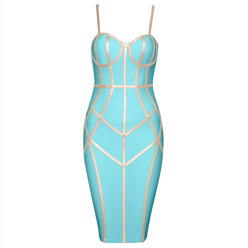 High Quality Strap Bodycon Striped Knee Length Women Bandage Dress Evening Party Dress