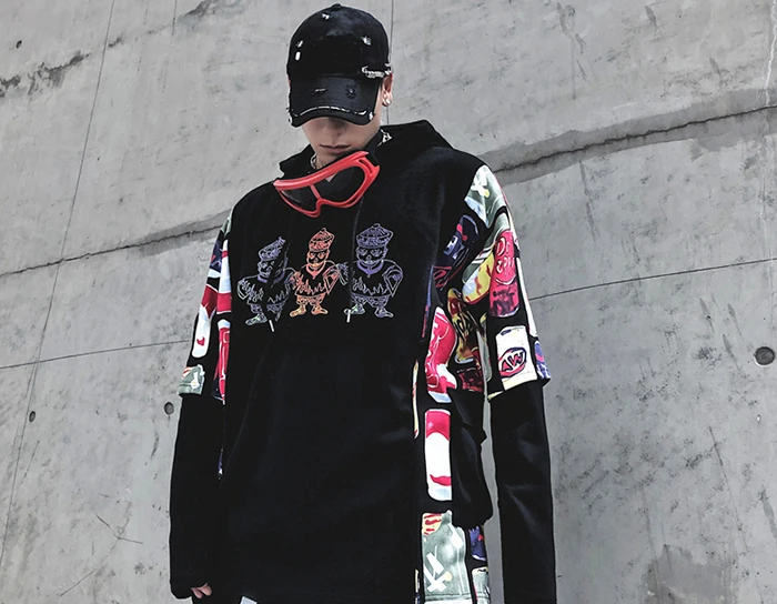 AELFRIC хип хоп цветные часы лоскутное граффити мужские толстовки Harajuku Уличная пуловер Модные Повседневные хлопковые толстовки с капюшоном