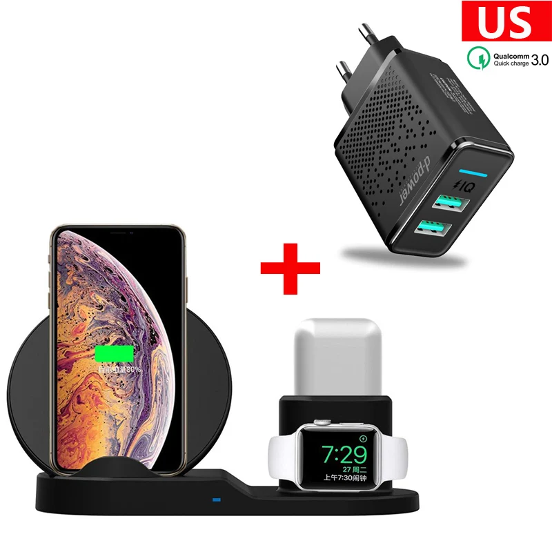Быстрая Зарядка Qi Беспроводное зарядное устройство для Apple watch 2 3 4 для iPhone 11 XS Max XR X 8 Plus для samsung S9 S8 note 9 8 для AirPods - Цвет: Black US Plug