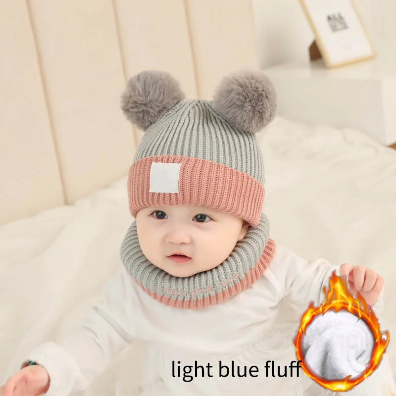 light blue fluff 2pcs Unisex Child Beanies Cap Set Kids Winter Wool Hats Scarf For Baby Boys Girls Beanie Cap Scarf Set Winter Warm Suit Set - Цвет: light blue fluff