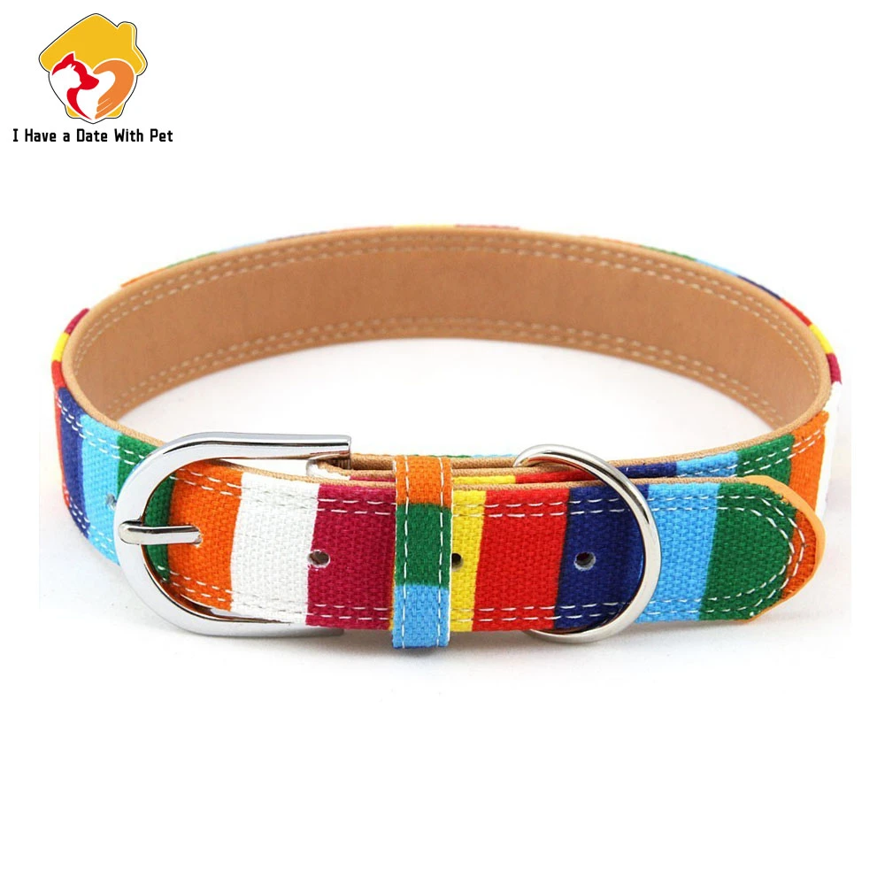 Compra Collar para perro mascota de Diseño perro Collar para perros grandes Talla S M L Collar plano de cuero para perros grandes pequeños Collar para perro colorido arco iris XrX0AQg