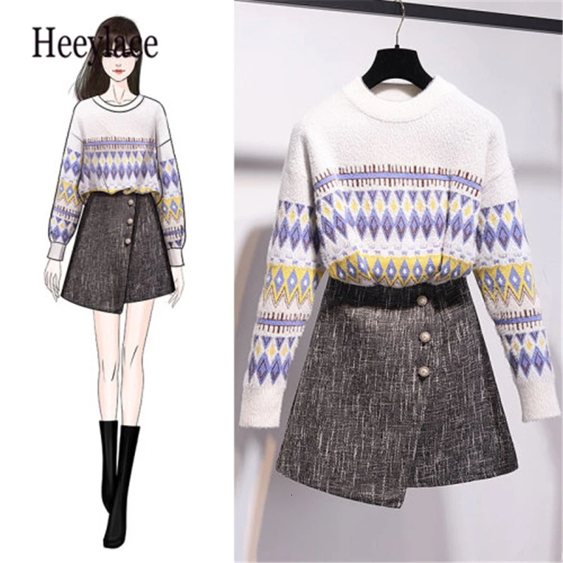 

Plaid Knit Long Sleeve Simple O-Neck Women Loose Jumper Sweaters Tops+Winter Woollen Cloth Single Breasted High Waist Skirts Set