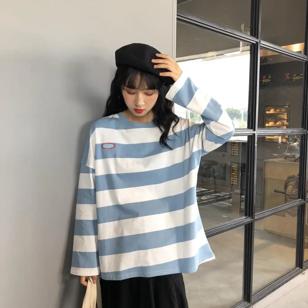 Harajuku полосатая рубашка уличная женская одежда корейский стиль с длинным рукавом Vogue Camisa Mujer Осенняя футболка для женщин размера плюс - Цвет: 11