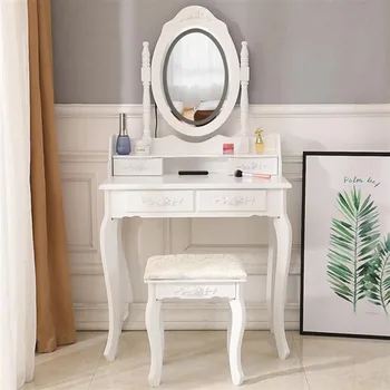 

FCH LED Single Mirror 4 Drawer Dresser White with LED touch screen 360-degree rotary for makeup Dressing Table Stool