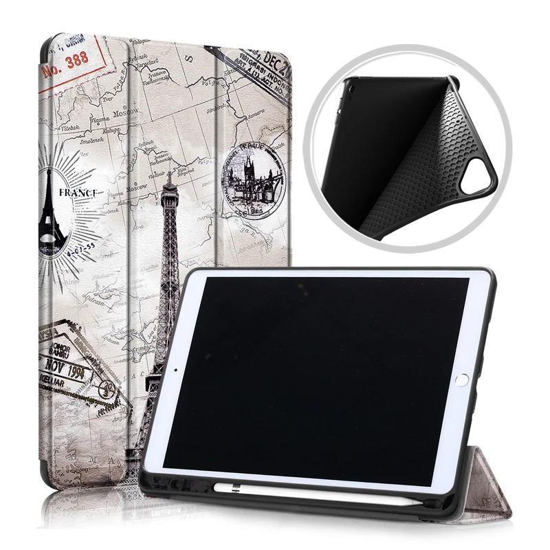 

Colorful printed case For ipad 10.2 2019 10.2 inch with Pencil Holder Folding Stand Smart PU Leather Soft TPU Cover Protective