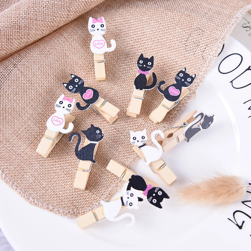 10pcs/lot Wooden Cat Clips With Hemp Rope Mini Nice Food Clip Kawaii Wood Paper Clip For Bag Students