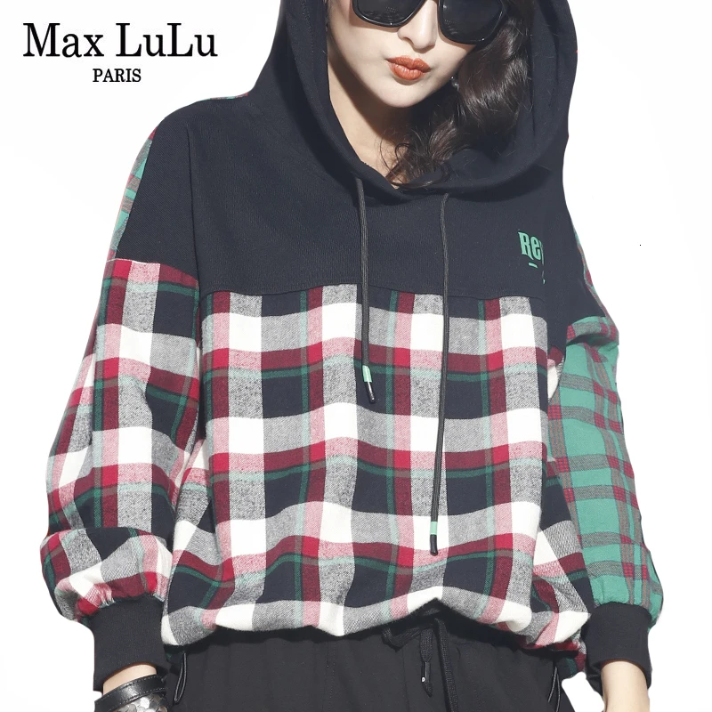 Max LuLu модные корейские женские панк уличные Женские клетчатые весенние толстовки с капюшоном повседневные Лоскутные толстовки Одежда с принтом