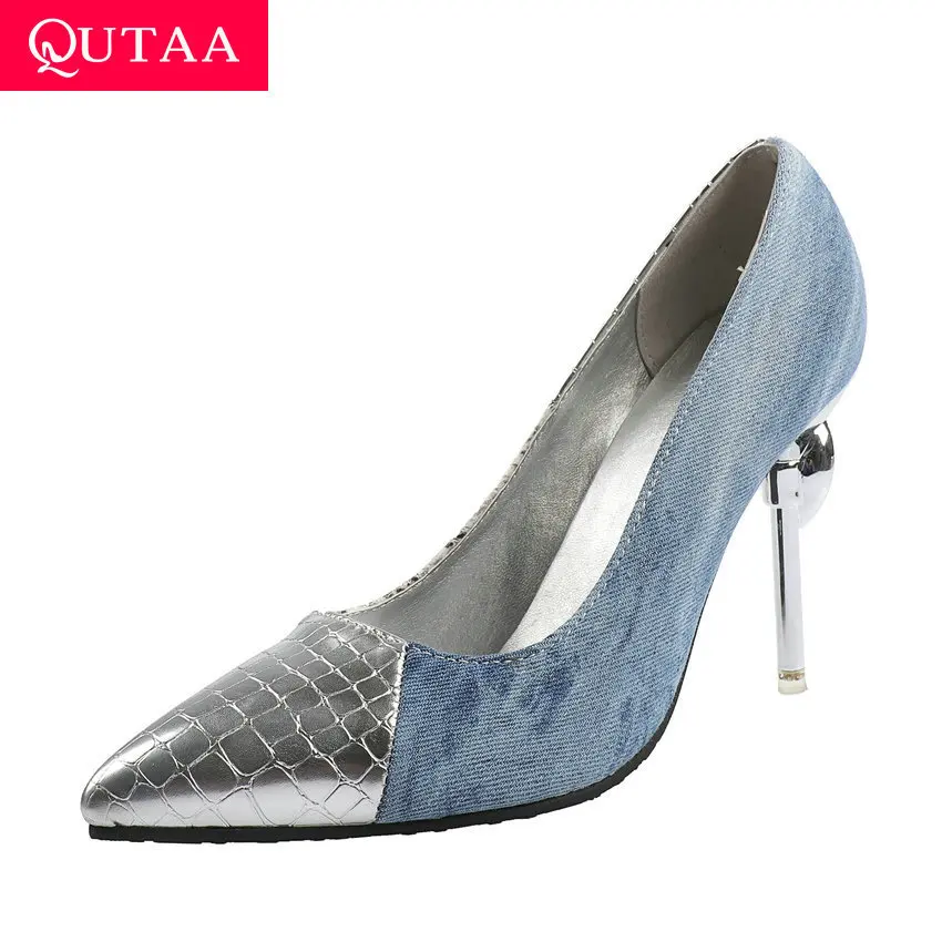 

QUTAA 2020 Thin High Heel Slip on Single Shoes Sexy Pointed Toe Ladies Stilettos PU Leather Mixed Color Women Pumps Size 34-43