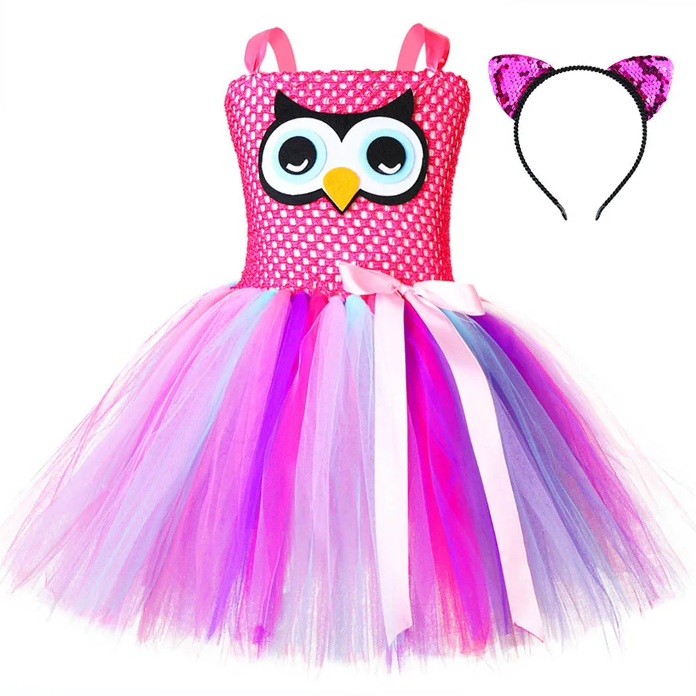 Rose Owl Dress Рождественское однотонное платье-пачка с рисунком совы для девочек милые детские вечерние платье для ролевых игр на Хэллоуин для девочек, новогодний костюм с повязкой на голову - Цвет: Rose Owl Dress