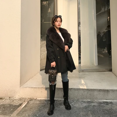 black short Новое модное зимнее женское пальто из натурального меха, парки из натурального Лисьего меха с мехом, верхняя одежда, Тренч, пальто, кардиган, пальто для женщин - Цвет: black short
