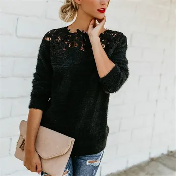 

Autumn Women's Long Sleeve Black Sweater Cashmere Knitted Pullover O-Neck Casual Lace Pullover