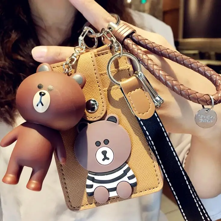 With Doll brown 3 слоя Kawaii Line Bear PU ID кредитный банк держатель для карт с брелком игрушка автобус карта защитный чехол школьные офисные канцелярские принадлежности - Цвет: With Doll brown