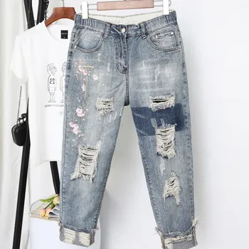 

Womens Jeans Denim Loose Vintage Blue Harem Pants Plus Size Boyfriends Hole Ripped Embroidery Jeans