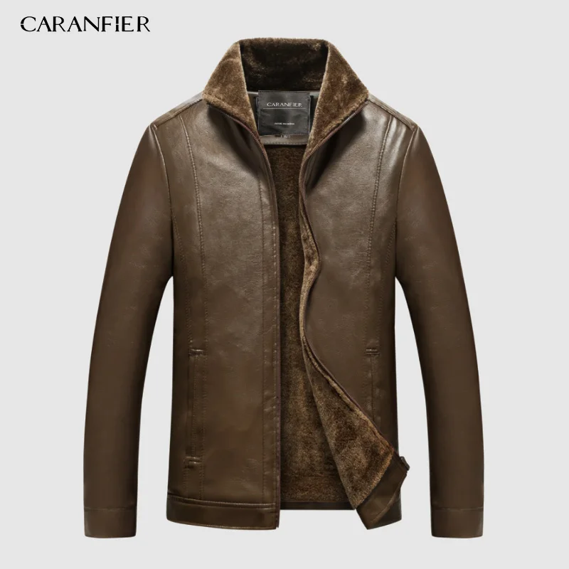 035 Brown CARANFIER, новинка, зимняя мотоциклетная мужская кожаная куртка, Мужская ветровка, Куртки из искусственной кожи, мужская верхняя одежда, теплая бейсбольная куртка из искусственной кожи, Размер 4XL - Color: 035 Brown