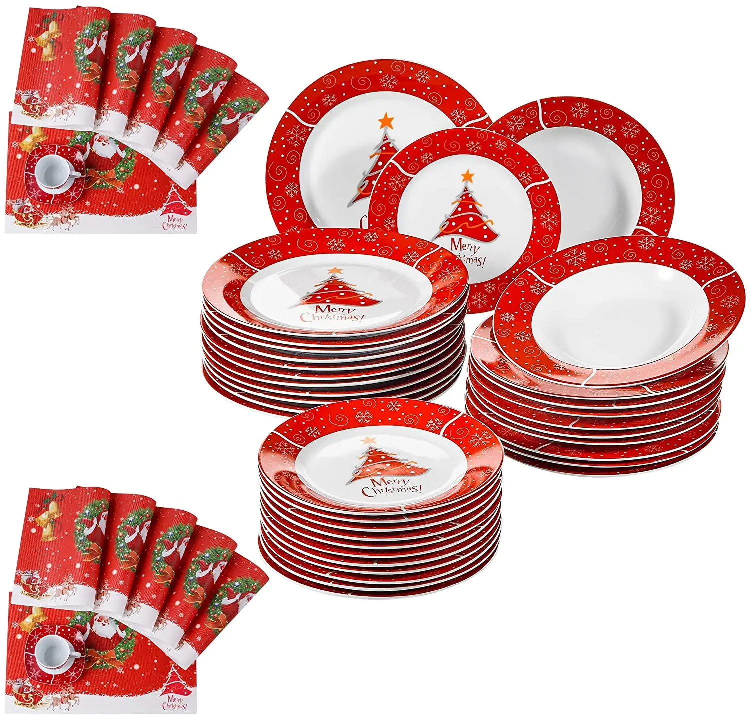 

VEWEET 24/48-Piece Christmas Porcelain Ceramic Dinnerware Set with Dessert Plate,Soup Plate,Dinner Plate,Placemat Set Gift
