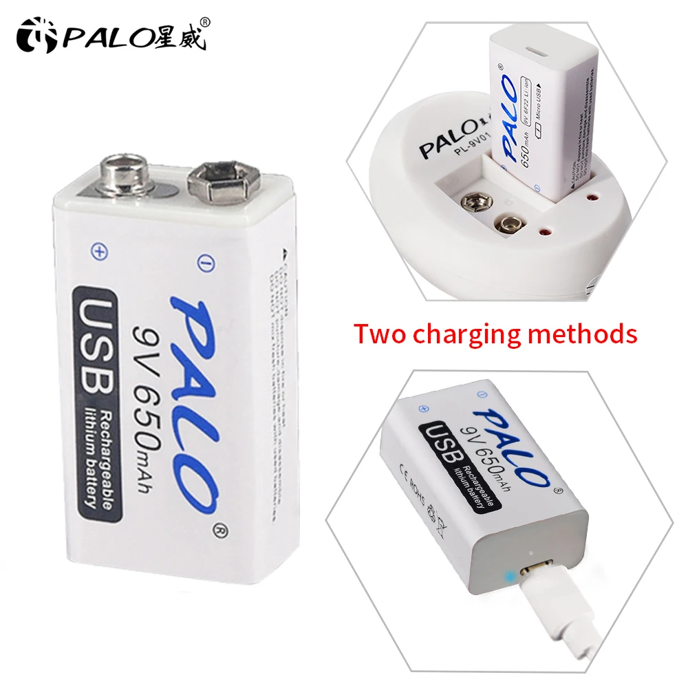 

PALO 1-16pcs USB 9V 6F22 650mAh Rechargeable Battery 9 volt lithium li-ion li ion liion fast charging batteries