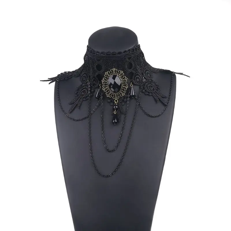 Женское Ожерелье чокер в готическом стиле черное колье с вышивкой и кружевной